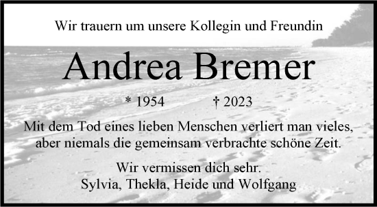 Traueranzeige von Andrea Bremer von Kreiszeitung Böblinger Bote