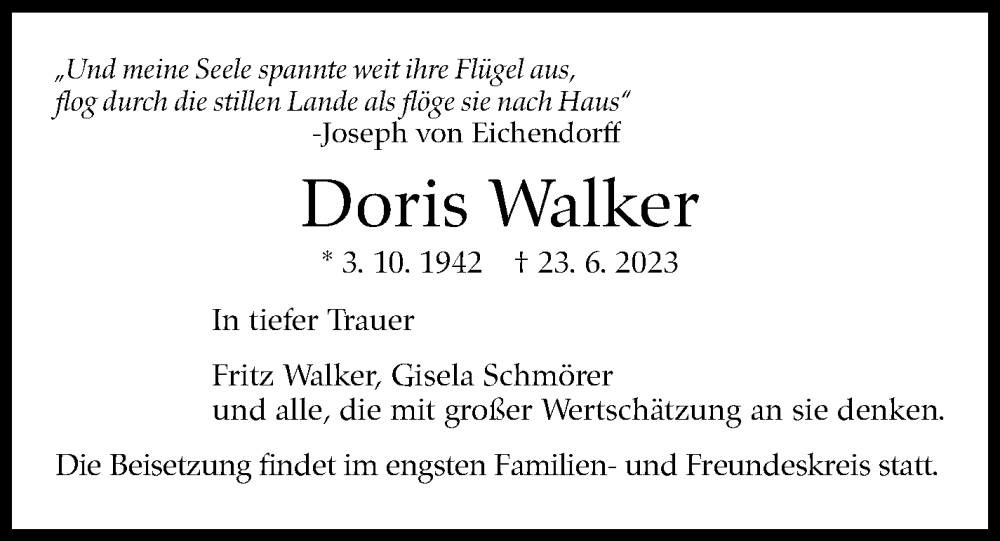  Traueranzeige für Doris Walker vom 08.07.2023 aus Kreiszeitung Böblinger Bote