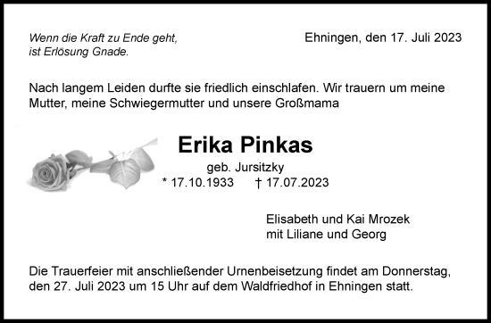Traueranzeige von Erika Pinkas von Kreiszeitung Böblinger Bote
