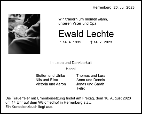 Traueranzeige von Ewald Lechte von Kreiszeitung Böblinger Bote