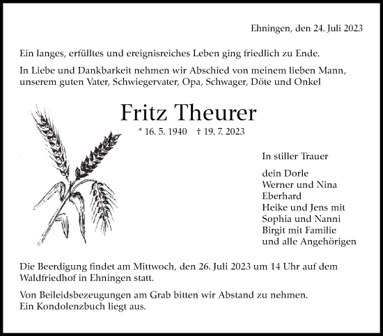 Traueranzeige von Fritz Theurer von Kreiszeitung Böblinger Bote