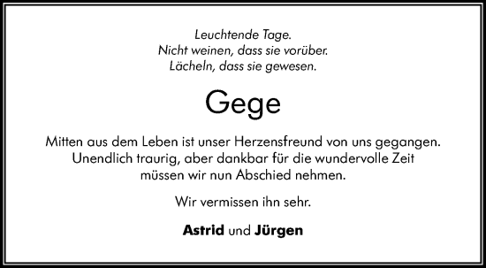Traueranzeige von Gege  von Kreiszeitung Böblinger Bote