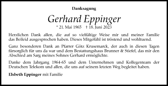 Traueranzeige von Gerhard Eppinger von Kreiszeitung Böblinger Bote