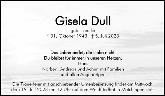 Traueranzeige von Gisela Dull von Kreiszeitung Böblinger Bote