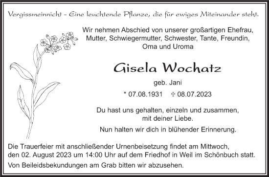 Traueranzeige von Gisela Wochatz von Kreiszeitung Böblinger Bote