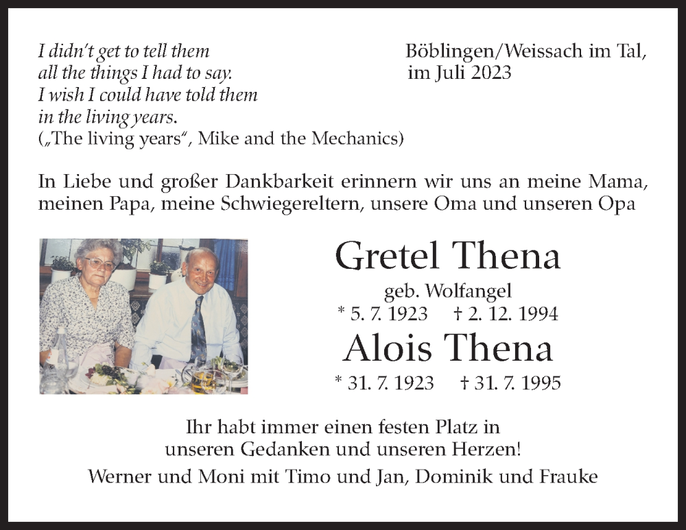  Traueranzeige für Gretel und Alois Thena vom 05.07.2023 aus Kreiszeitung Böblinger Bote