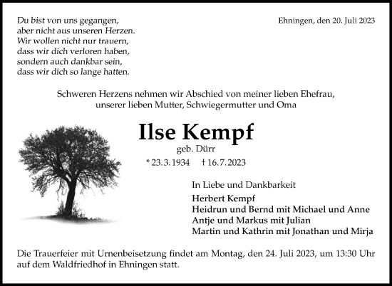Traueranzeige von Ilse Kempf von Kreiszeitung Böblinger Bote