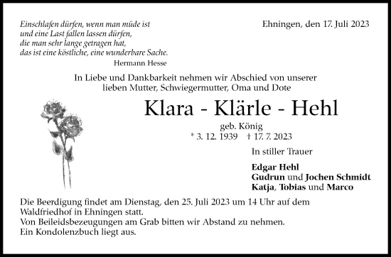 Traueranzeige von Klara Hehl von Kreiszeitung Böblinger Bote