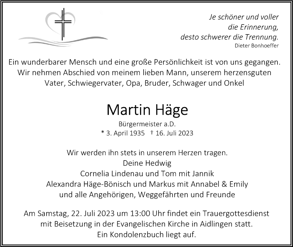 Traueranzeige für Martin Häge vom 19.07.2023 aus Kreiszeitung Böblinger Bote
