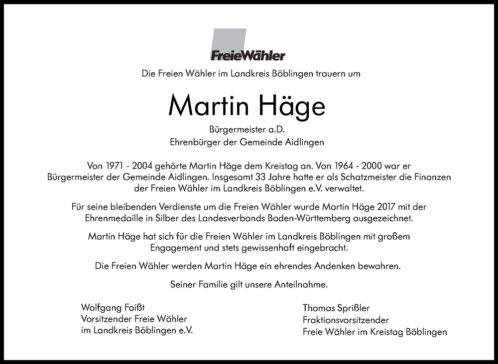  Traueranzeige für Martin Häge vom 20.07.2023 aus Kreiszeitung Böblinger Bote