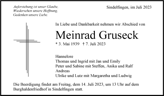Traueranzeige von Meinrad Gruseck von Kreiszeitung Böblinger Bote