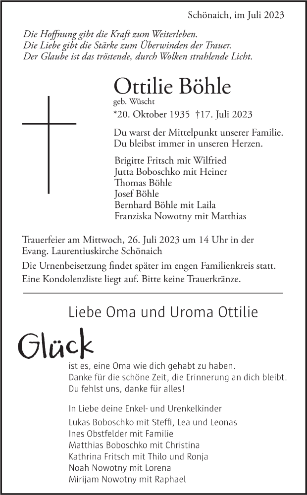  Traueranzeige für Ottilie Böhle vom 22.07.2023 aus Kreiszeitung Böblinger Bote