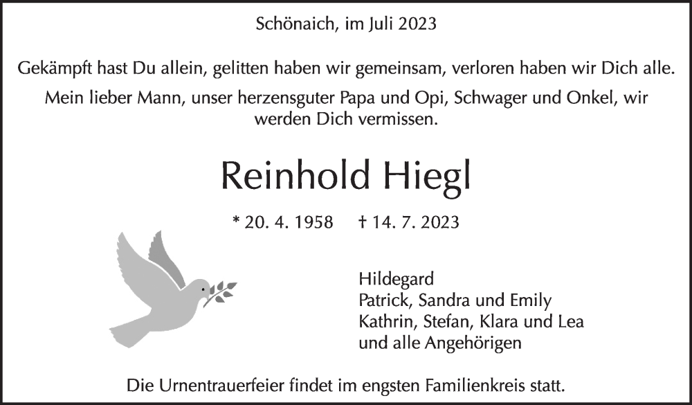  Traueranzeige für Reinhold Hiegl vom 19.07.2023 aus Kreiszeitung Böblinger Bote