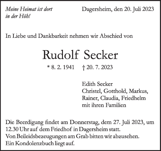 Traueranzeige von Rudolf Secker von Kreiszeitung Böblinger Bote