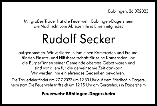 Traueranzeige von Rudolf Secker von Kreiszeitung Böblinger Bote