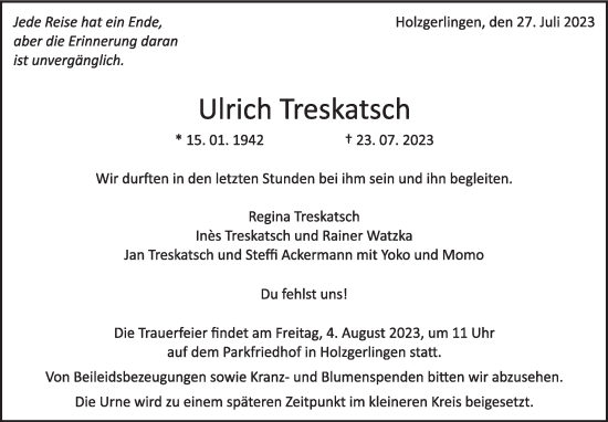Traueranzeige von Ulrich Treskatsch von Kreiszeitung Böblinger Bote