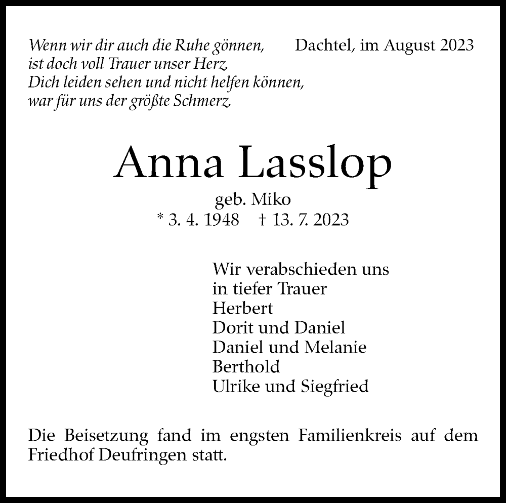  Traueranzeige für Anna Lasslop vom 10.08.2023 aus Kreiszeitung Böblinger Bote