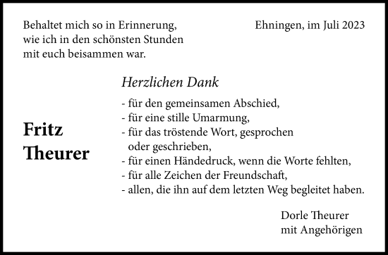 Traueranzeige von Fritz Theurer von Kreiszeitung Böblinger Bote
