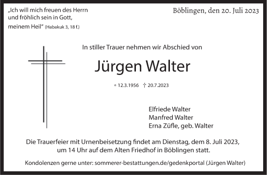 Traueranzeige von Jürgen Walter von Kreiszeitung Böblinger Bote