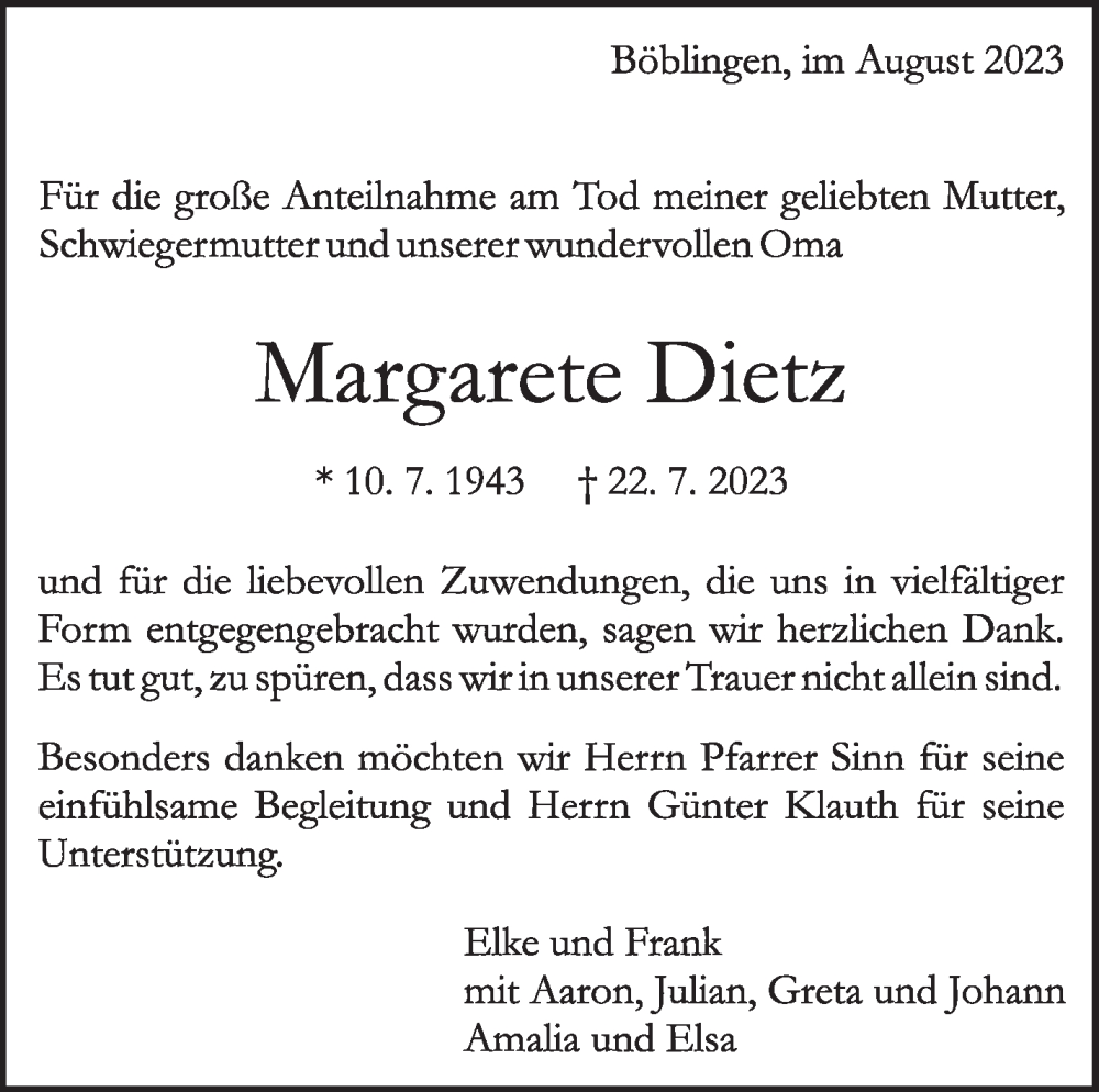  Traueranzeige für Margarete Dietz vom 05.08.2023 aus Kreiszeitung Böblinger Bote