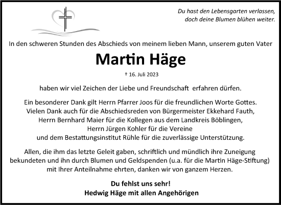 Traueranzeige von Martin Häge von Kreiszeitung Böblinger Bote