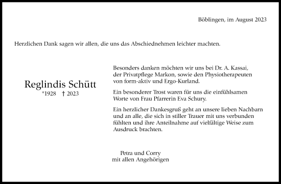 Traueranzeige von Reglindis Schütt von Kreiszeitung Böblinger Bote
