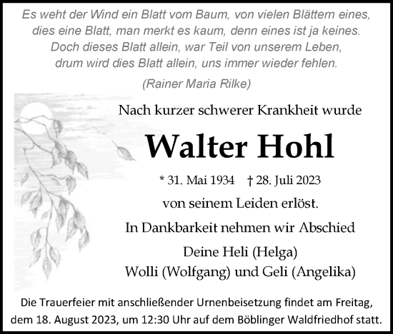 Traueranzeige von Walter Hohl von Kreiszeitung Böblinger Bote