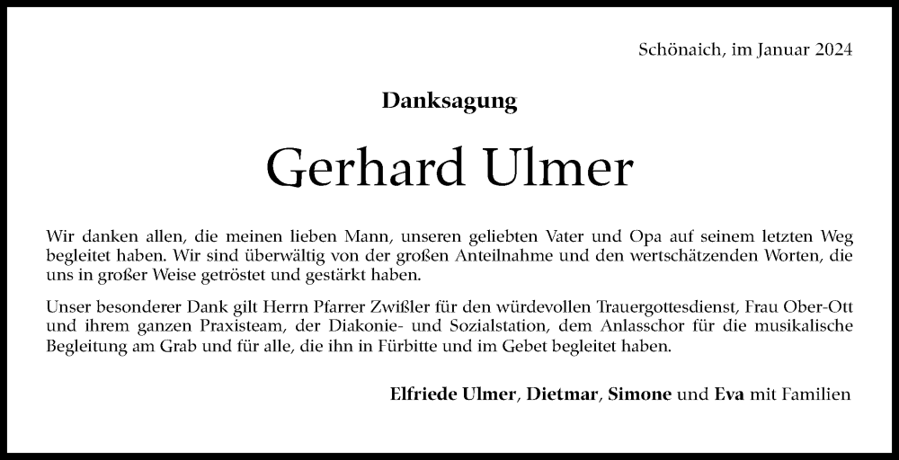  Traueranzeige für Gerhard Ulmer vom 10.01.2024 aus Kreiszeitung Böblinger Bote