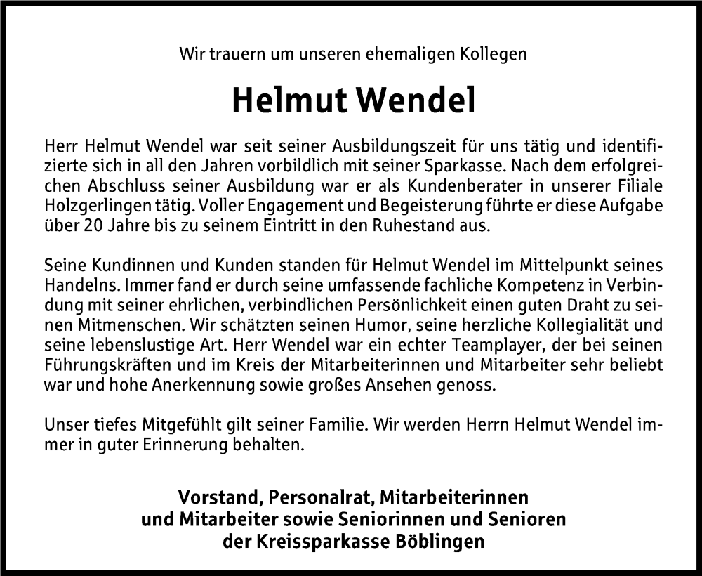  Traueranzeige für Helmut Wendel vom 11.01.2024 aus Kreiszeitung Böblinger Bote