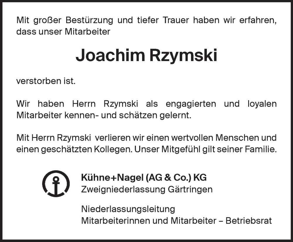  Traueranzeige für Joachim Rzymski vom 13.01.2024 aus Kreiszeitung Böblinger Bote