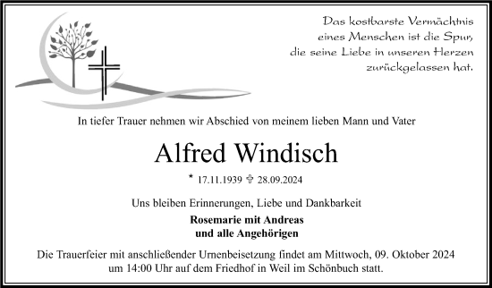 Traueranzeige von Alfred Windisch von Kreiszeitung Böblinger Bote