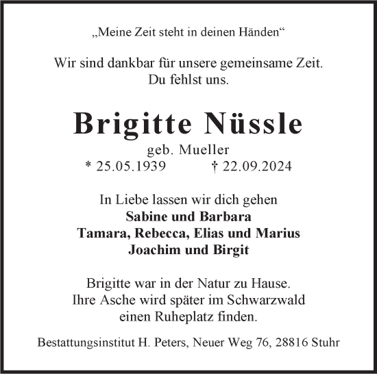 Traueranzeige von Brigitte Nüssle von Kreiszeitung Böblinger Bote