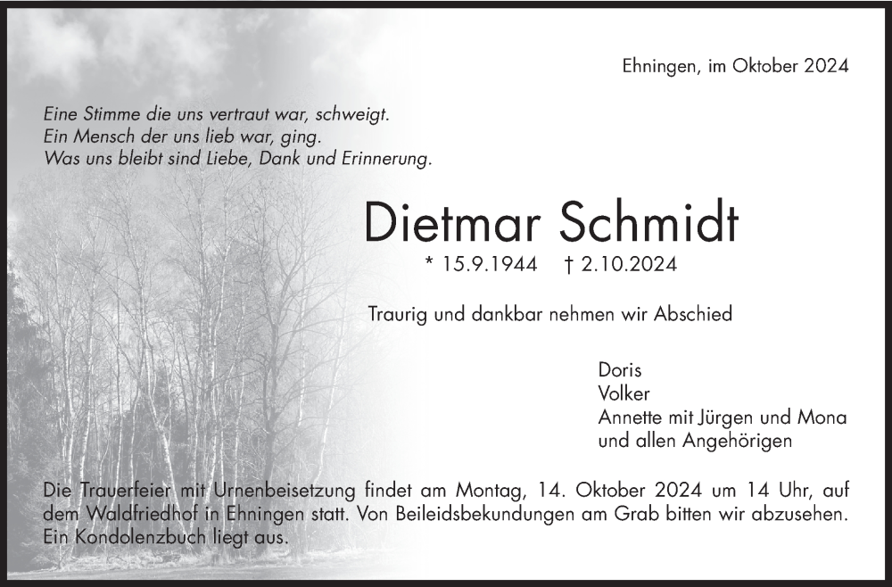  Traueranzeige für Dietmar Schmidt vom 10.10.2024 aus Kreiszeitung Böblinger Bote