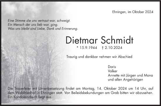 Traueranzeige von Dietmar Schmidt von Kreiszeitung Böblinger Bote