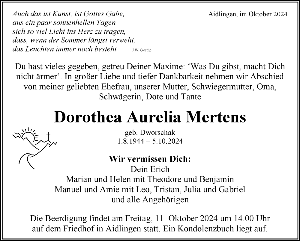  Traueranzeige für Dorothea Aurelia Mertens vom 09.10.2024 aus Kreiszeitung Böblinger Bote