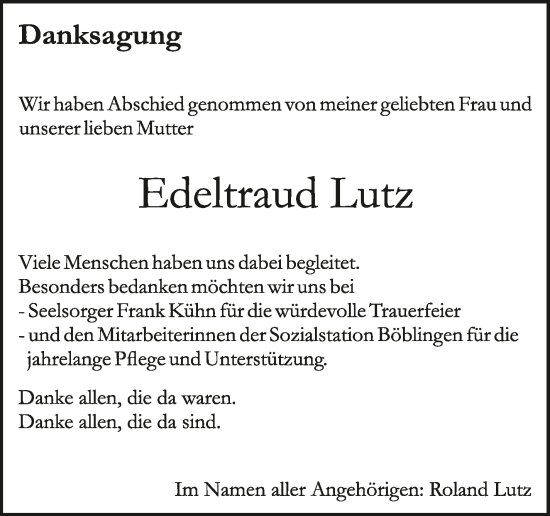 Traueranzeige von Edeltraud Lutz von Kreiszeitung Böblinger Bote