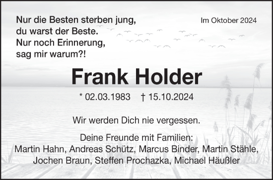 Traueranzeige von Frank Holder von Kreiszeitung Böblinger Bote