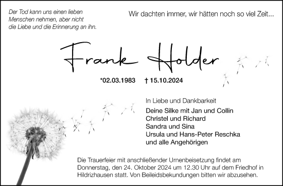 Traueranzeige von Frank Holder von Kreiszeitung Böblinger Bote