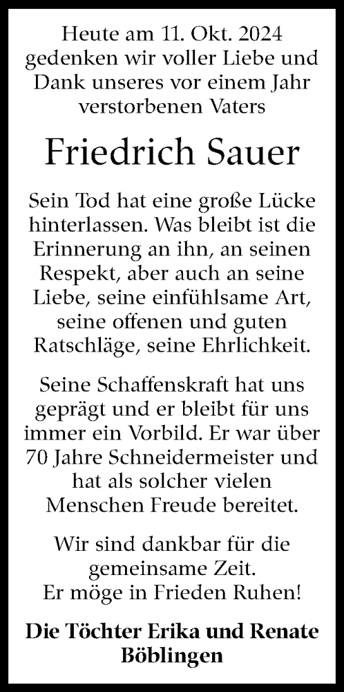  Traueranzeige für Friedrich Sauer vom 11.10.2024 aus Kreiszeitung Böblinger Bote
