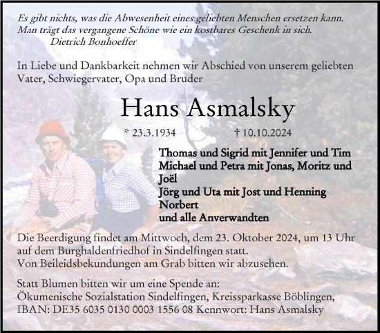 Traueranzeige von Hans Asmalsky von Kreiszeitung Böblinger Bote
