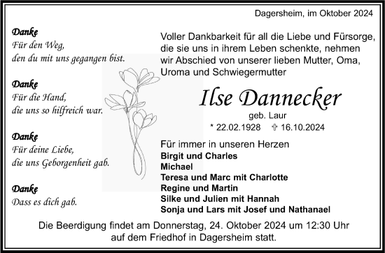 Traueranzeige von Ilse Dannecker von Kreiszeitung Böblinger Bote
