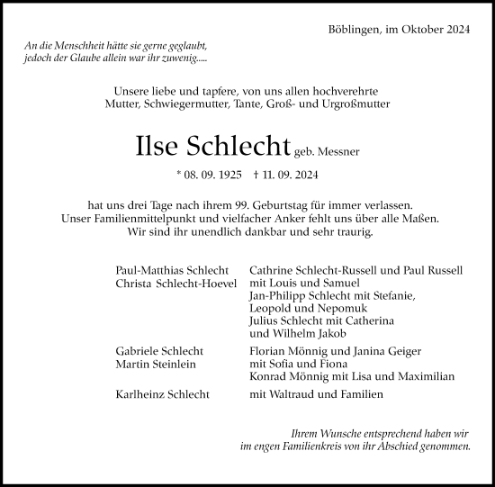 Traueranzeige von Ilse Schlecht von Kreiszeitung Böblinger Bote