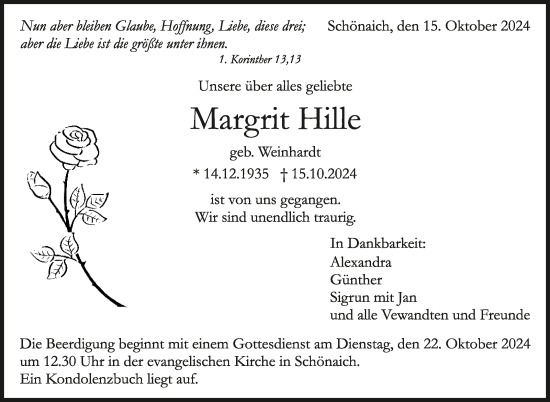 Traueranzeige von Margrit Hille von Kreiszeitung Böblinger Bote