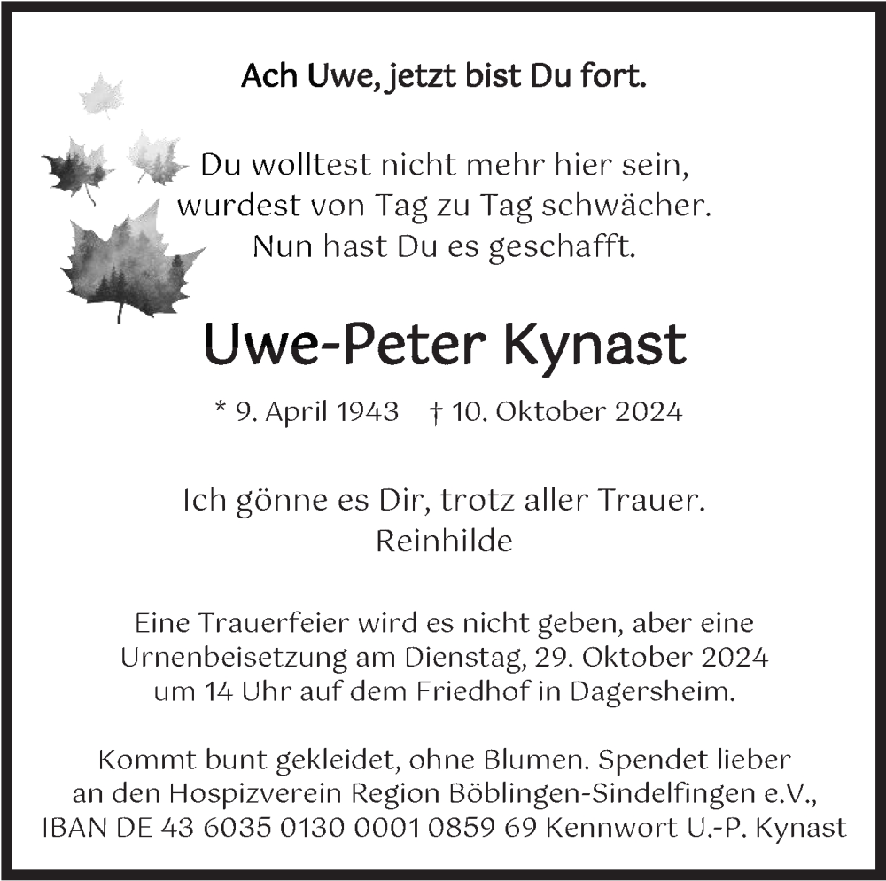  Traueranzeige für Uwe-Peter Kynast vom 18.10.2024 aus Kreiszeitung Böblinger Bote