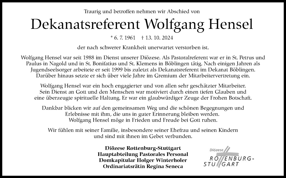  Traueranzeige für Wolfgang Hensel vom 17.10.2024 aus Kreiszeitung Böblinger Bote