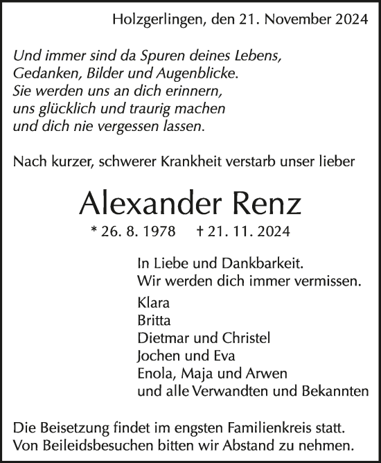 Traueranzeige von Alexander Renz von Kreiszeitung Böblinger Bote