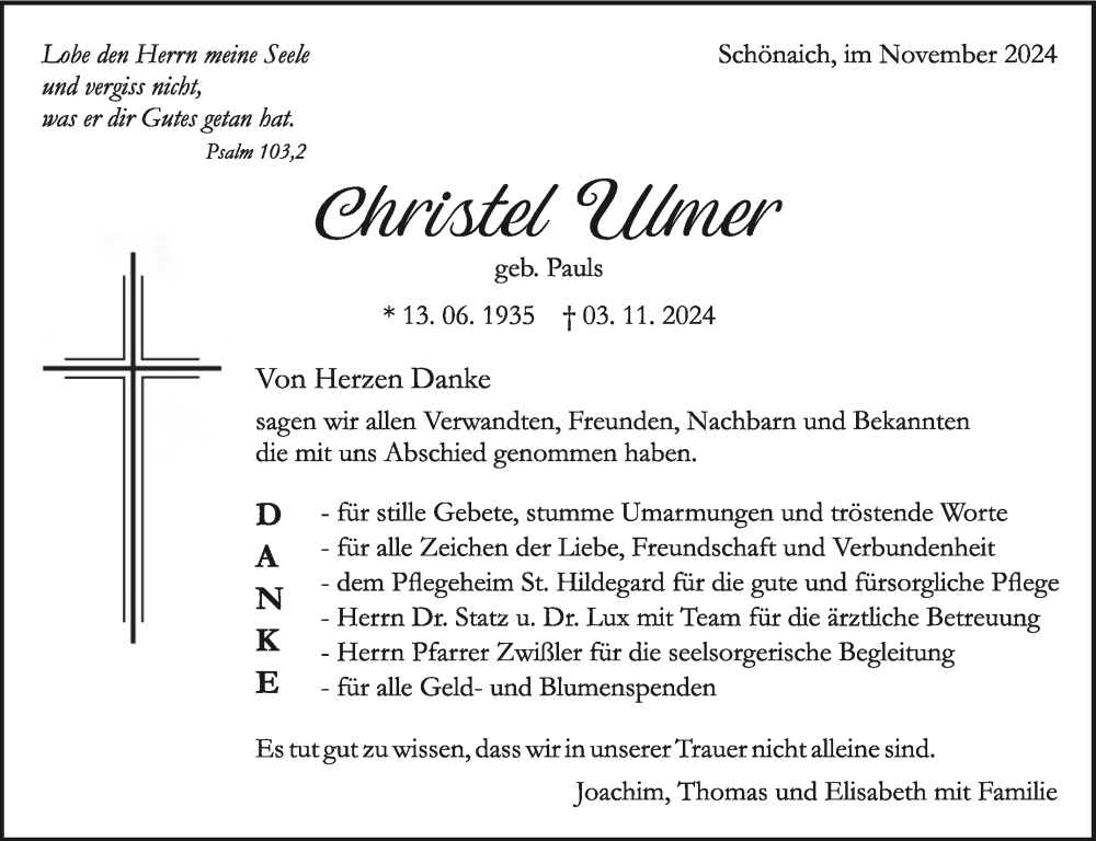  Traueranzeige für Christel Ulmer vom 28.11.2024 aus Kreiszeitung Böblinger Bote