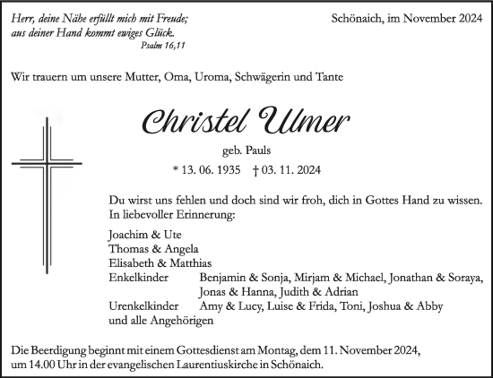 Traueranzeige von Christel Ulmer von Kreiszeitung Böblinger Bote