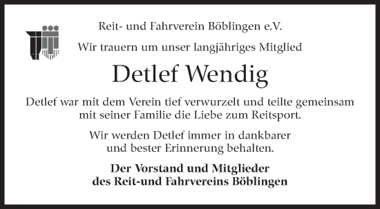 Traueranzeige von Detlef Wendig von Kreiszeitung Böblinger Bote