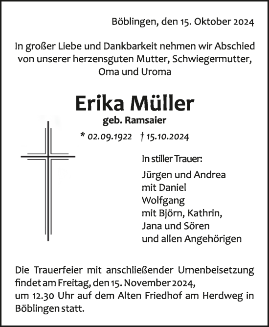 Traueranzeige von Erika Müller von Kreiszeitung Böblinger Bote
